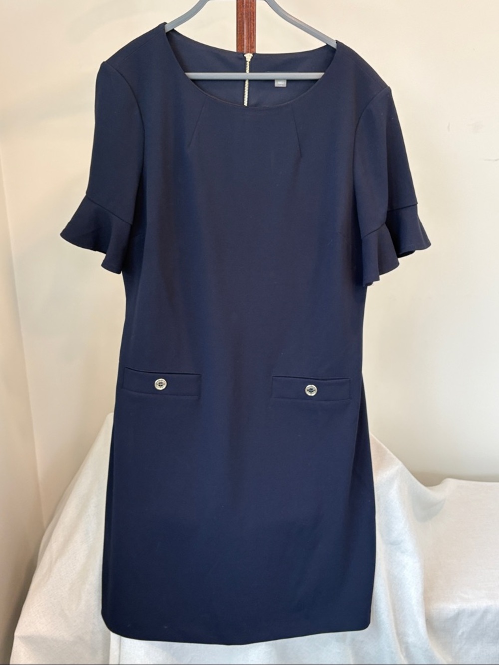 Tommy Hilfiger Navy Ruffle-Sleeve Midi Shift Dress